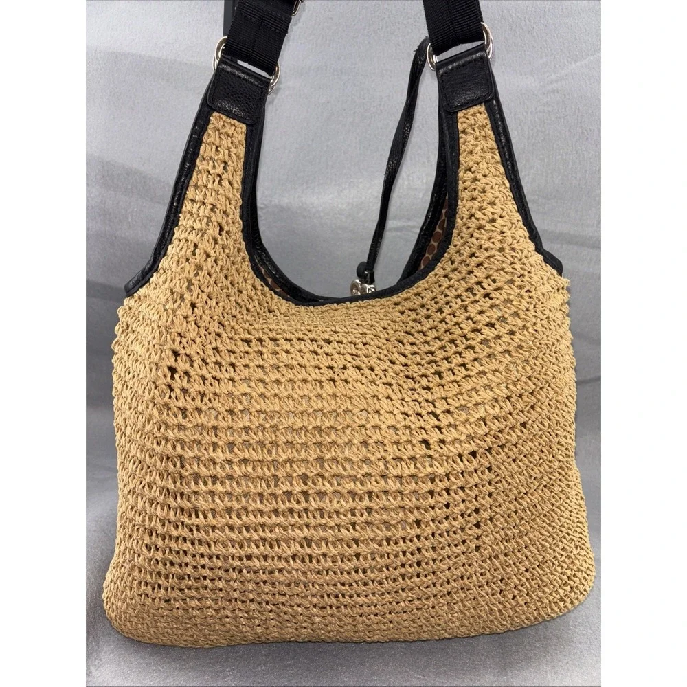 Brighton‎ Large Woven Straw Hobo Crossbody Zip Leather Trim Front Pockets EUC